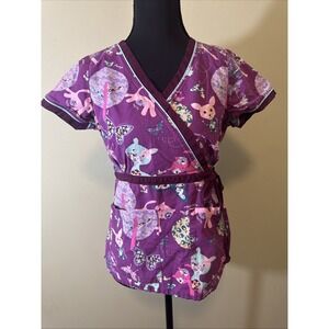 koi kathy peterson scrub top Cats Dogs Butterfly Purple Tie Side Size XS